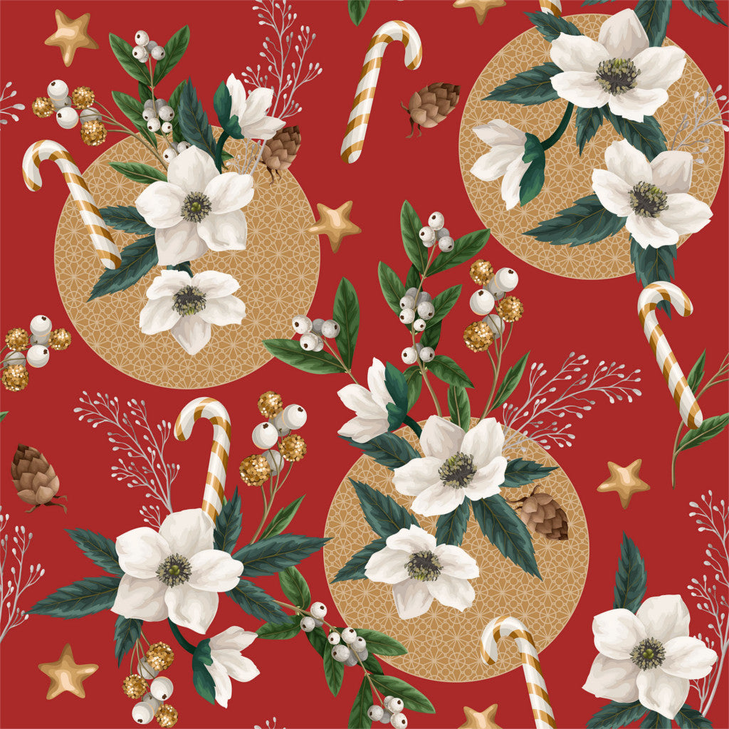 Julerosen Rød - Julevoksdug med hvide juleroser