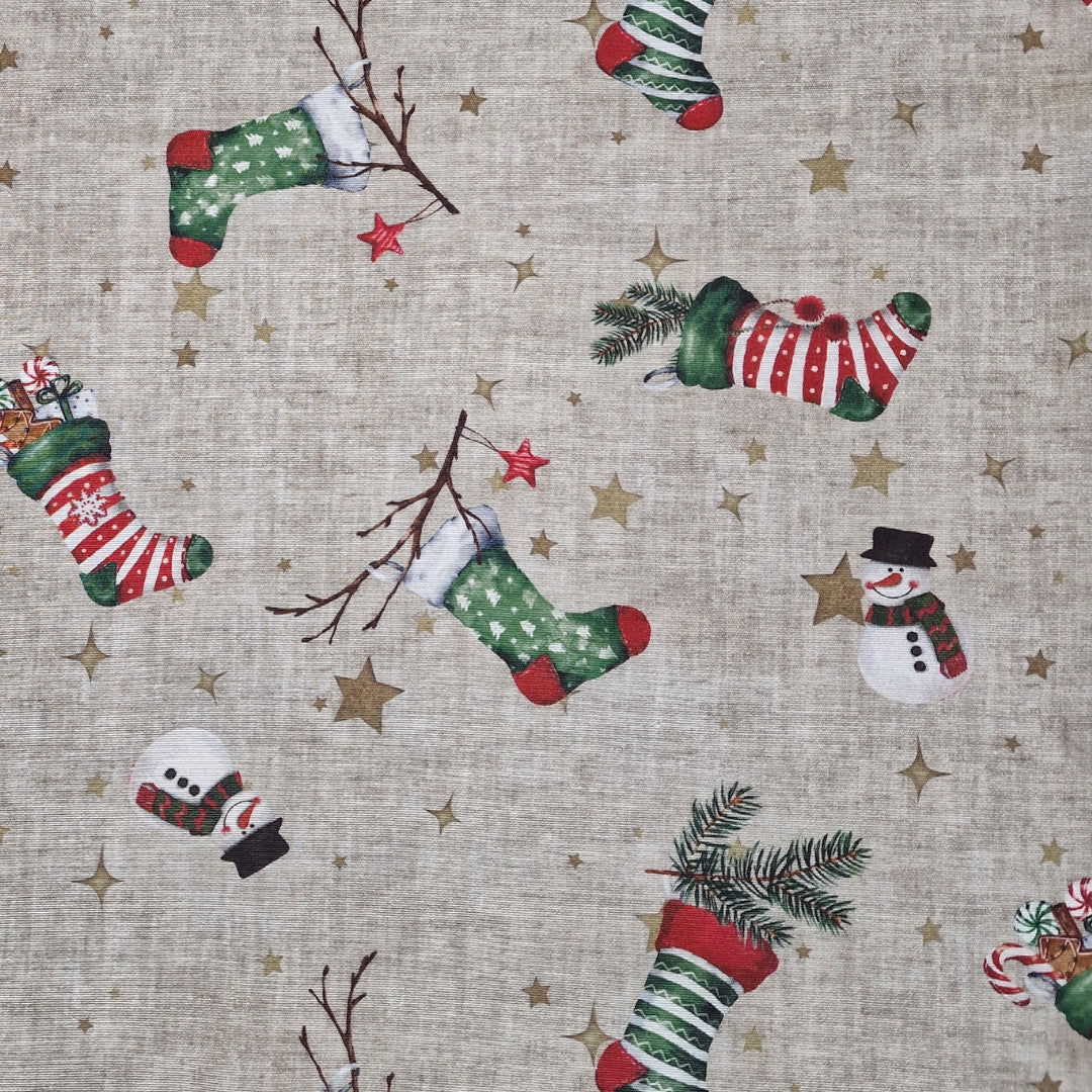 Julesokker og Snemænd - Juledug i hørlook og akrylbelægning