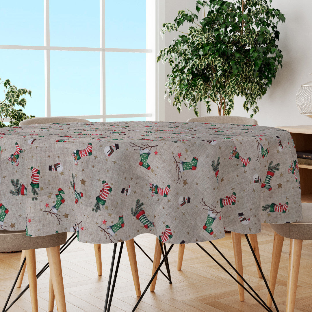 Julesokker og Snemænd - Rund juledug i hørlook og akrylbelægning