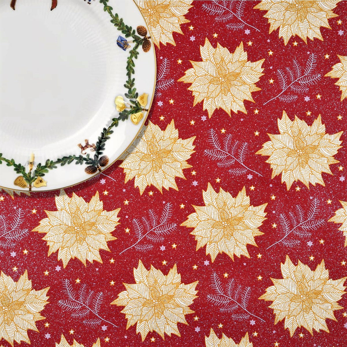 Julestjerne Rød - Juleakryldug med julestjerner, gran og glimmer