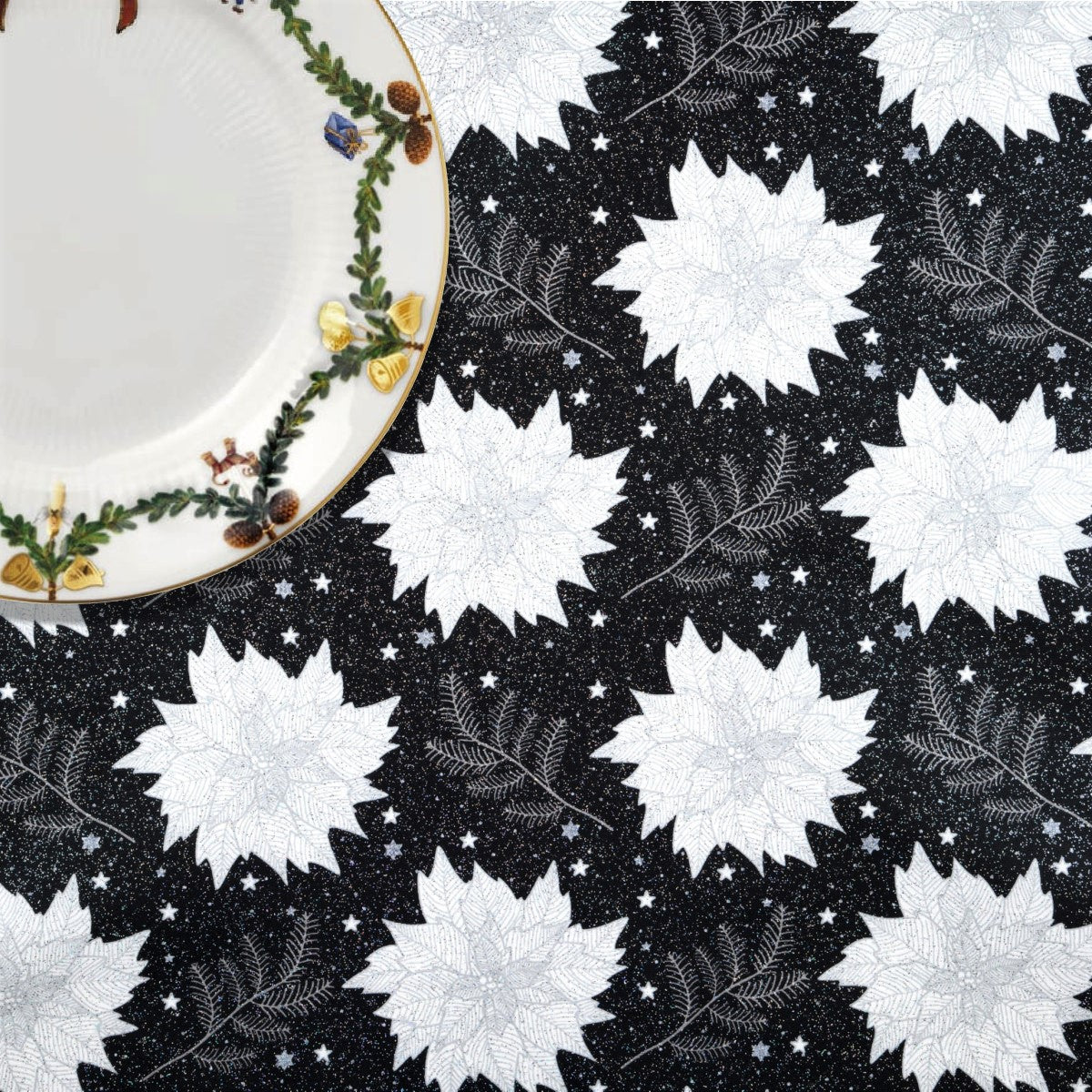 Julestjerne Sort - Juleakryldug med julestjerner, gran og glimmer