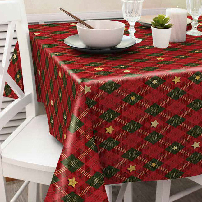 Juletern Rød/Grøn - Flot ternet julevoksdug med guld stjerner