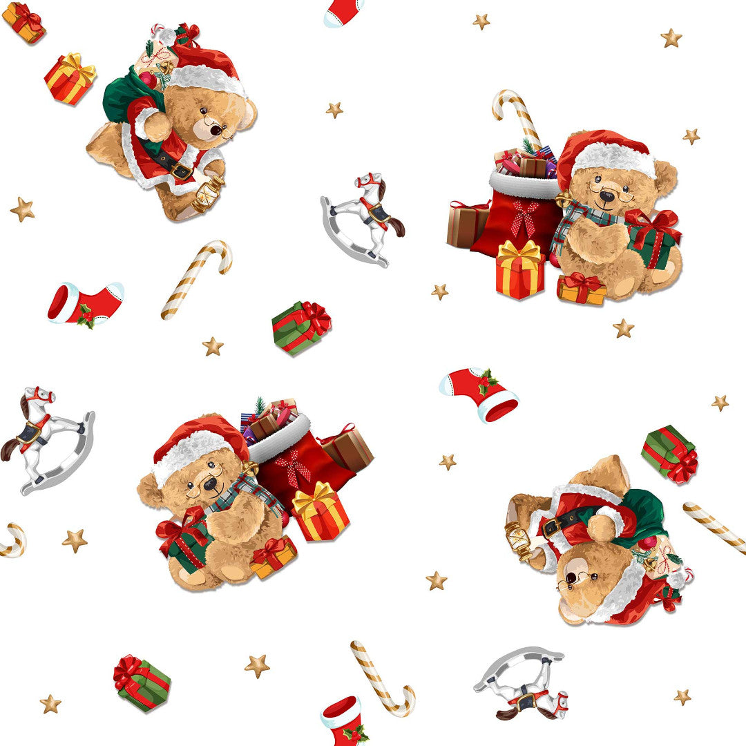 Nærbillede af julevoksdug med bamser og gaver