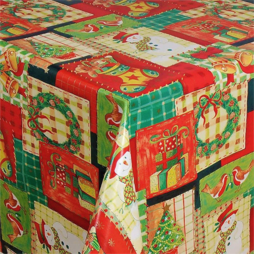 Julevoksdug med patchwork af julepynt i farver, hjørnebillede