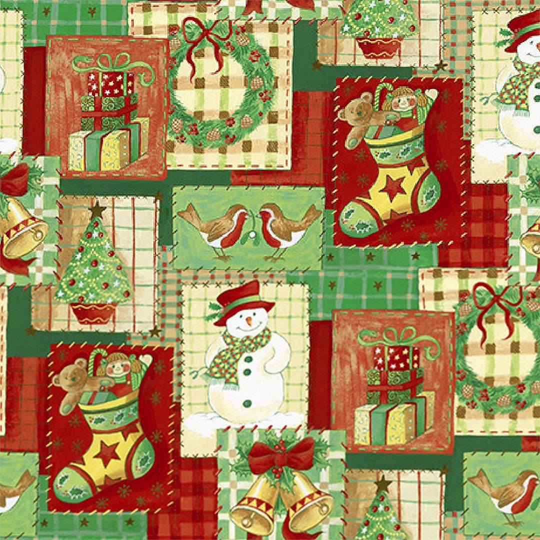 Julevoksdug med patchwork af julepynt i farver, nærbillede