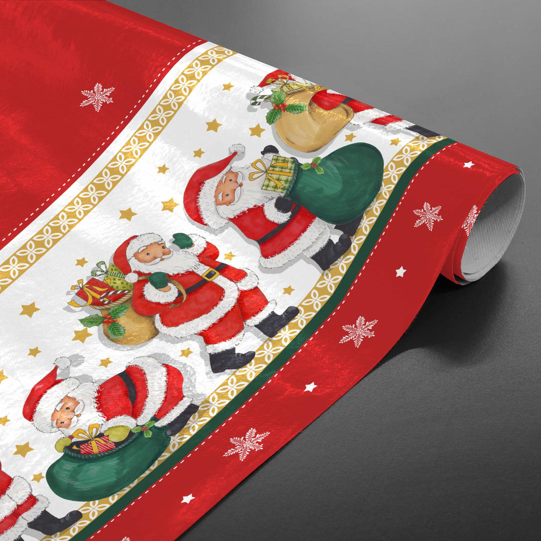 Julemanden med gaverne - Rød julevoksdug med julemænd
