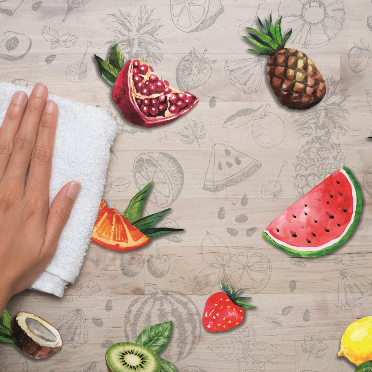 Tropicas, gennemsigtig voksdug, klar plastdug med frugt