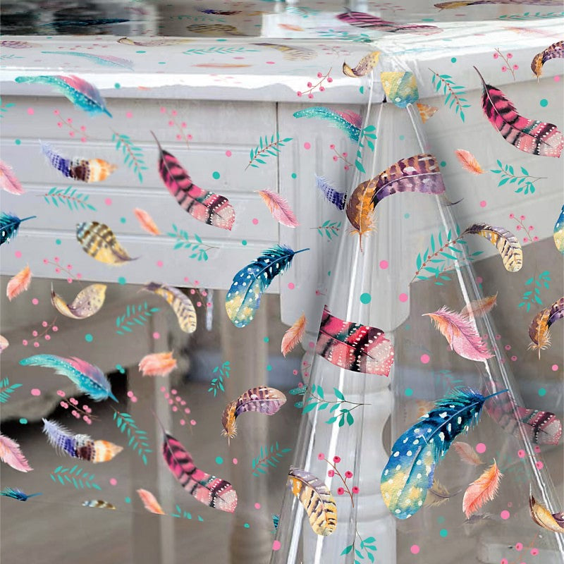 Farverige Fjer, klar plastdug - Gennemsigtig voksdug med tryk