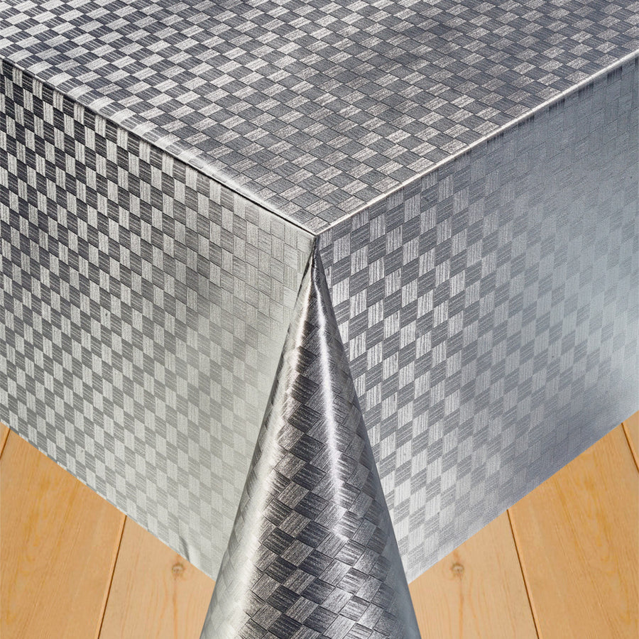 120x280 cm - Klassisk Damask Tern Sølv - Voksdug med sølvfarvede tern