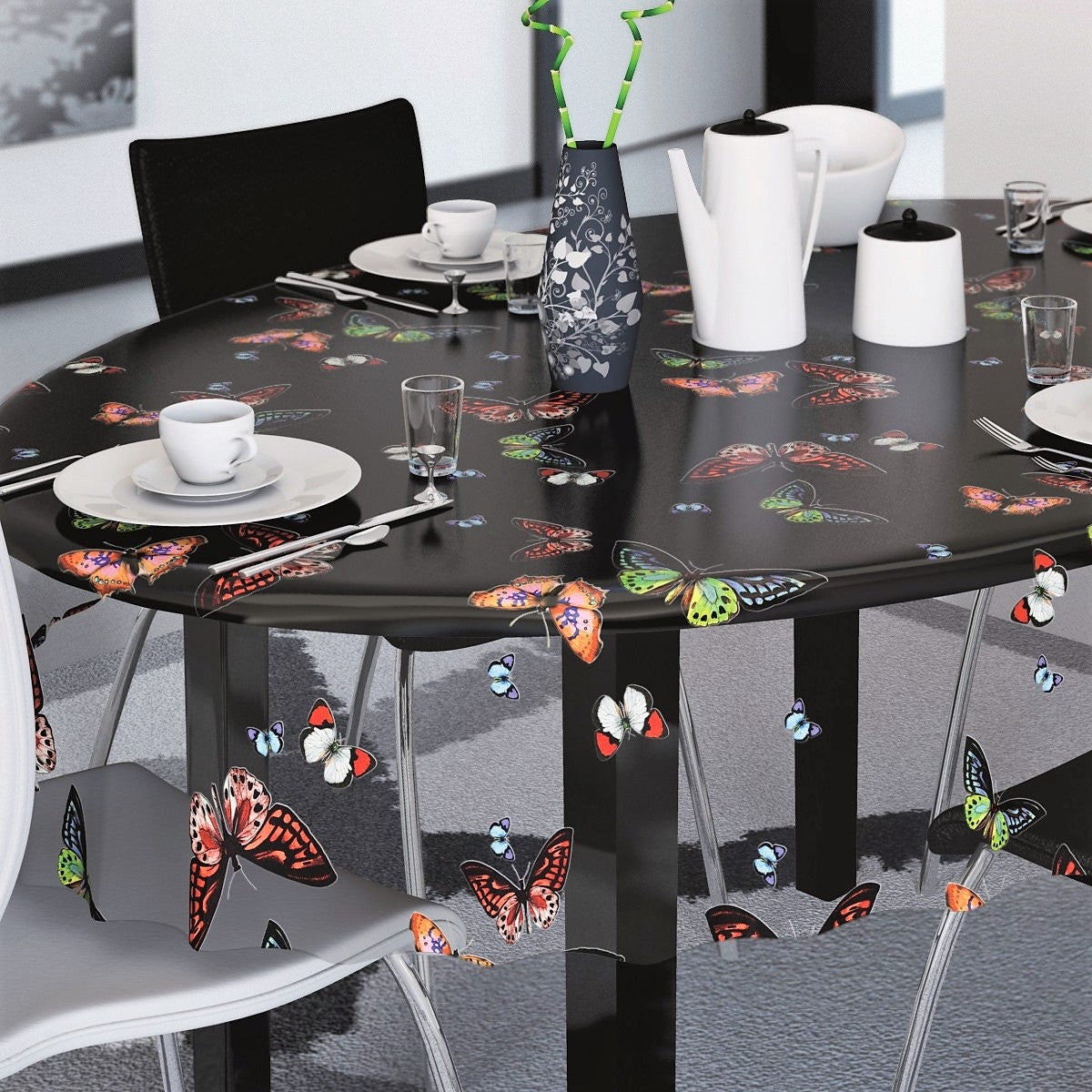 Lilith, gennemsigtig voksdug, klar plastdug med kulørte sommerfugle