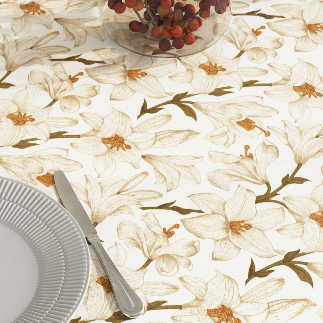 Nærbillede af Liljeflor Hvid/beige, akryldug med liljer