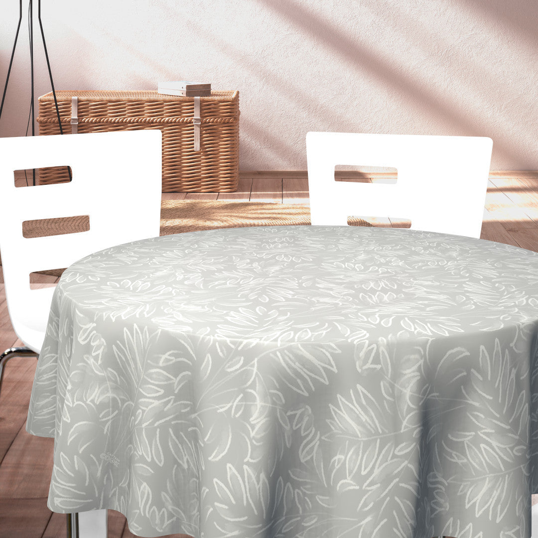 Live The Leaf Cotton Grey - Elegant 160 cm rund voksdug med hvide blade