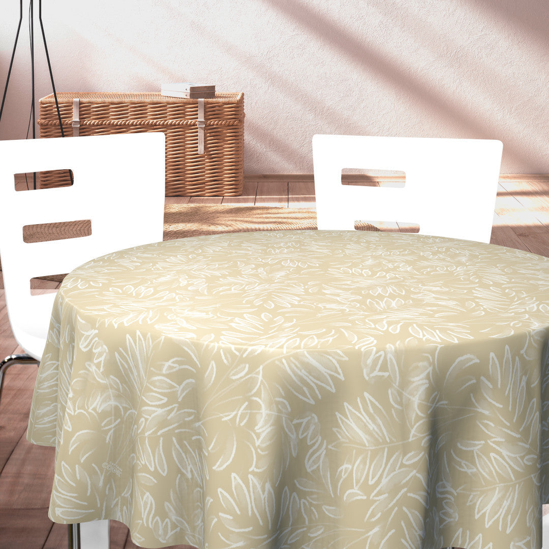 Live The Leaf Wheat - Elegant 160 cm rund voksdug med hvide blade