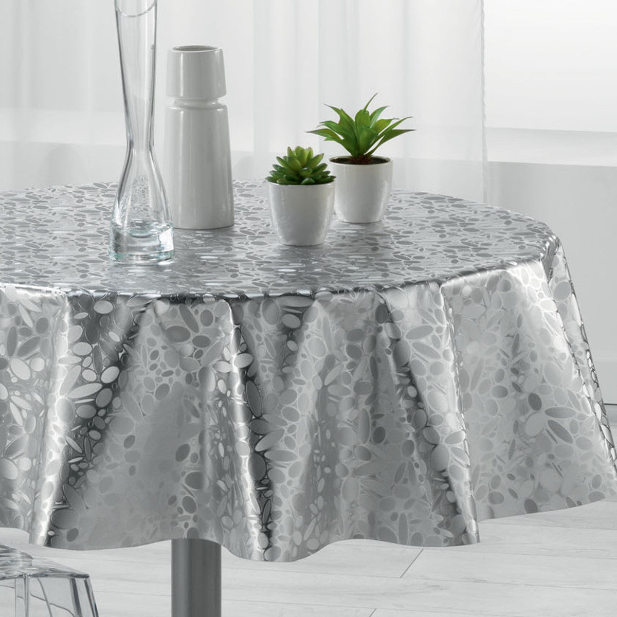 Metallise Luny grå - Rund voksdug, Ø 155 cm