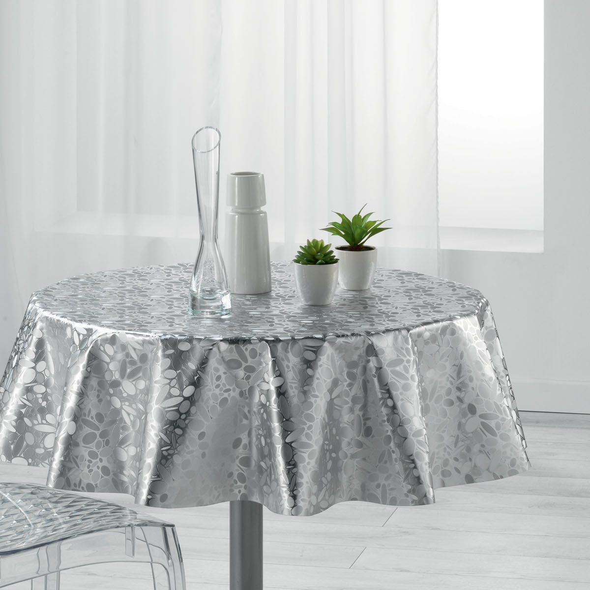 Metallise Luny grå - Rund voksdug, Ø 155 cm