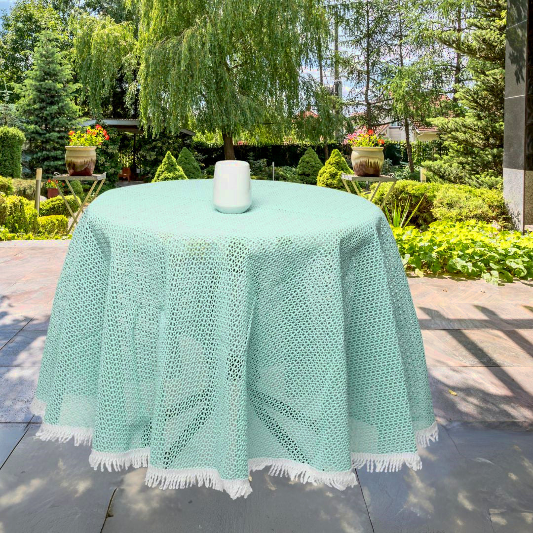 Rustikal, rund sommerdug til havebordet - Lys turkis med frynser, Ø 160 cm