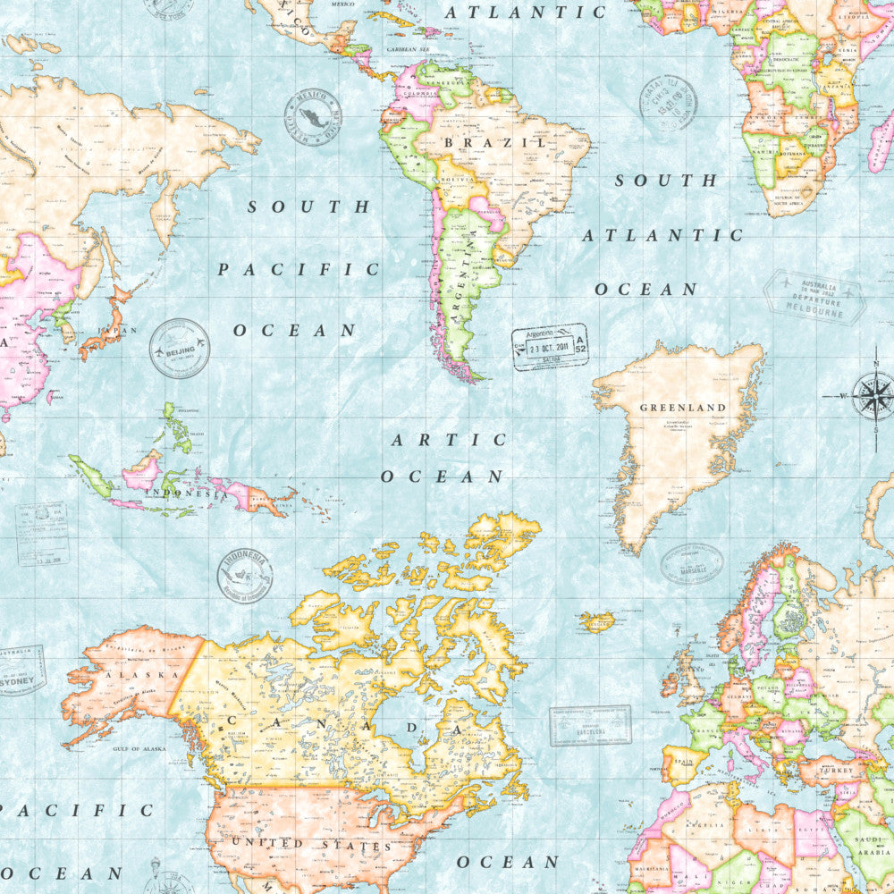 Map Mundi, akryldug med verdenskort blå