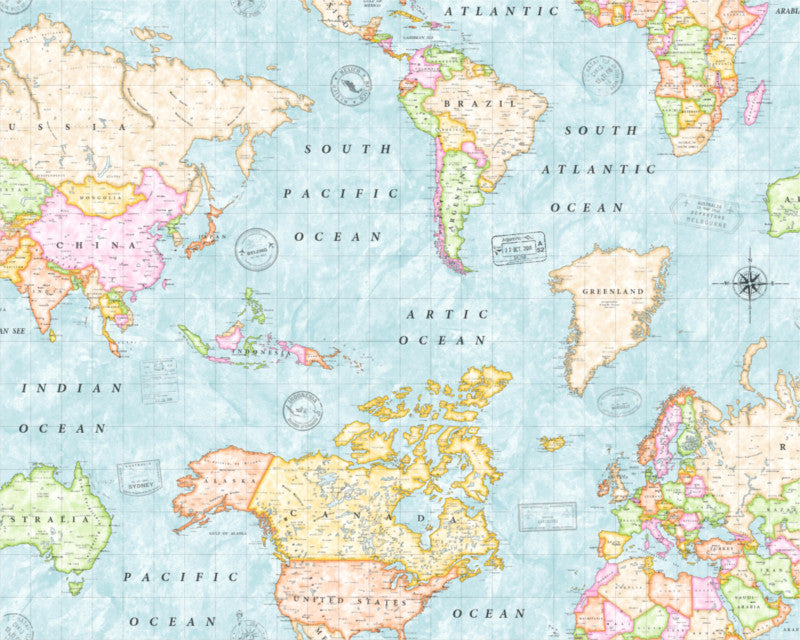 Map Mundi, tekstildug med verdenskort blå