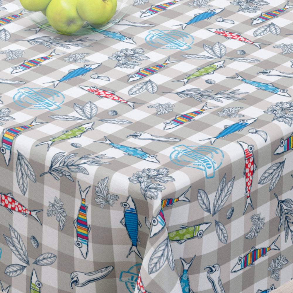 Maquereaux Grå - Akryldug med farverige fisk - 155 cm bred