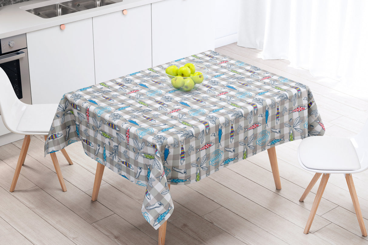 Maquereaux Grå - Akryldug med farverige fisk - 155 cm bred