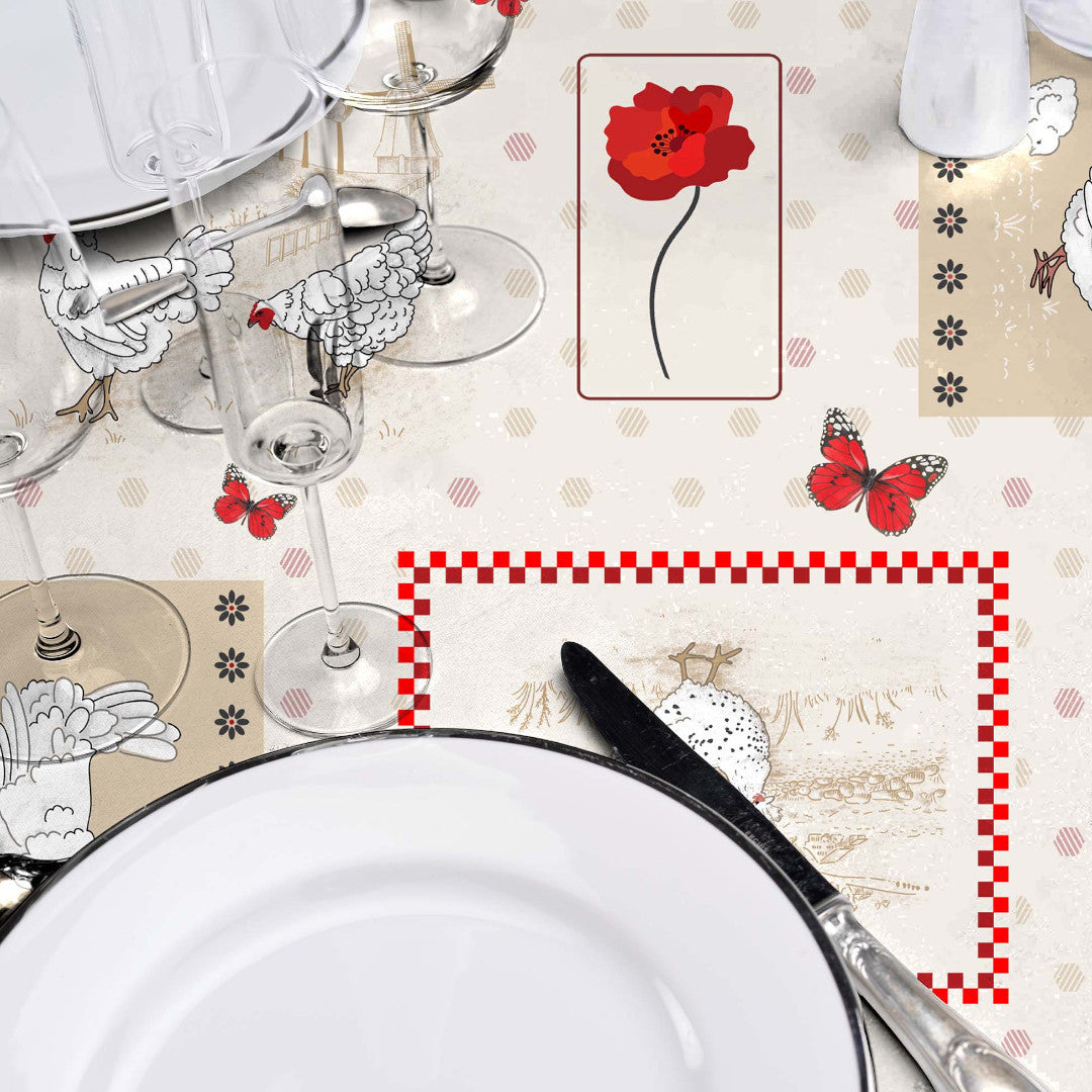 Margotte - Charmerende voksdug med høns og landligt motiv, nærbillede