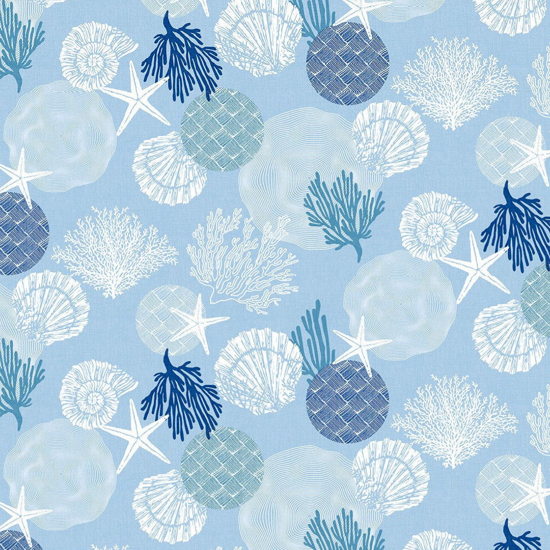 Maritim Blå – Voksdug med skaller og koraller, mønster