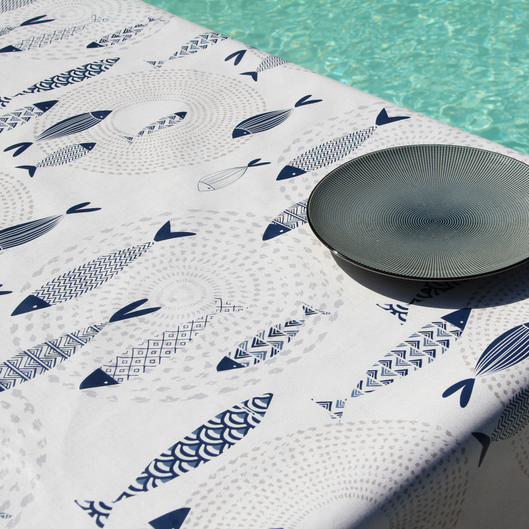 Marlin Wave – Voksdug med fiskemotiv i blå, hjørne