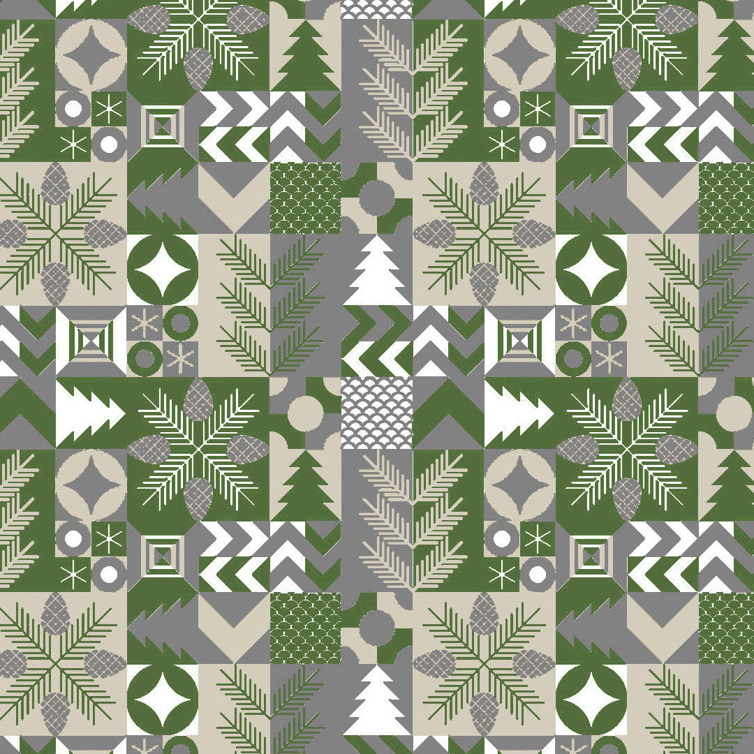 Hele mønsteret på Merry Present Green julevoksdug med grangrene, kogler og geometriske former