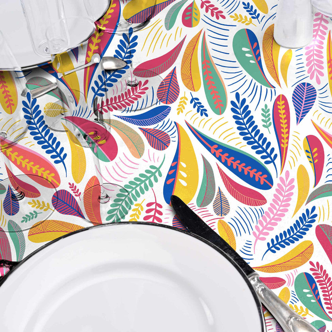 Minima Multico - Voksdug med farverigt retroblad-mønster, detaljer