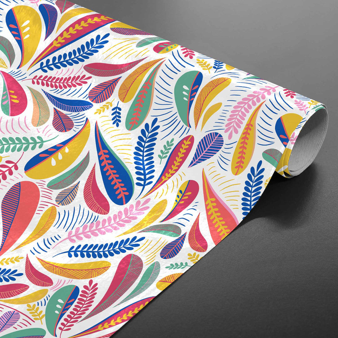 Minima Multico - Voksdug med farverigt retroblad-mønster, oprullet