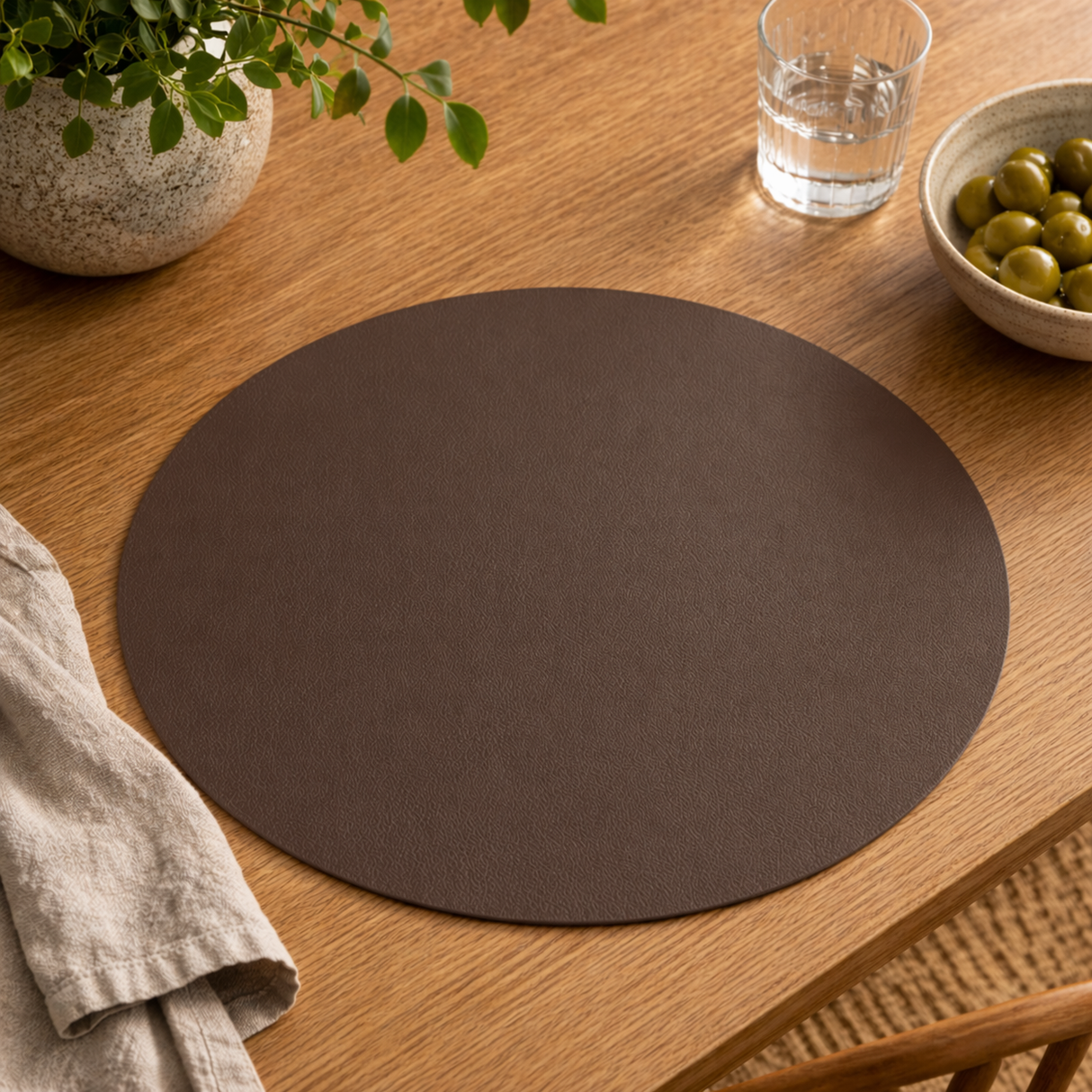 Moon rund dækkeserviet i kunstlæder – Moka/Copper – Ø38 cm, mokka
