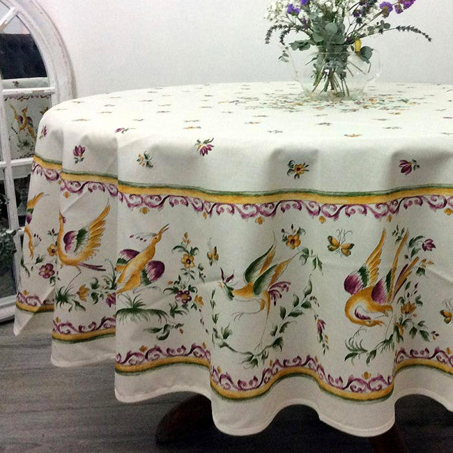 Moustiers Rose - Rund provencedug med fugle, Ø 180 cm