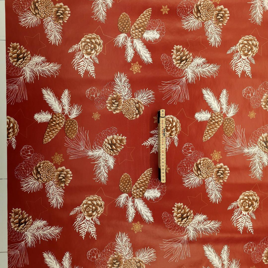 2. SORTERING - Navidad Pinecone - Julevoksdug med skønne kogler, let hørlook, Hel rulle = ca 20 meter