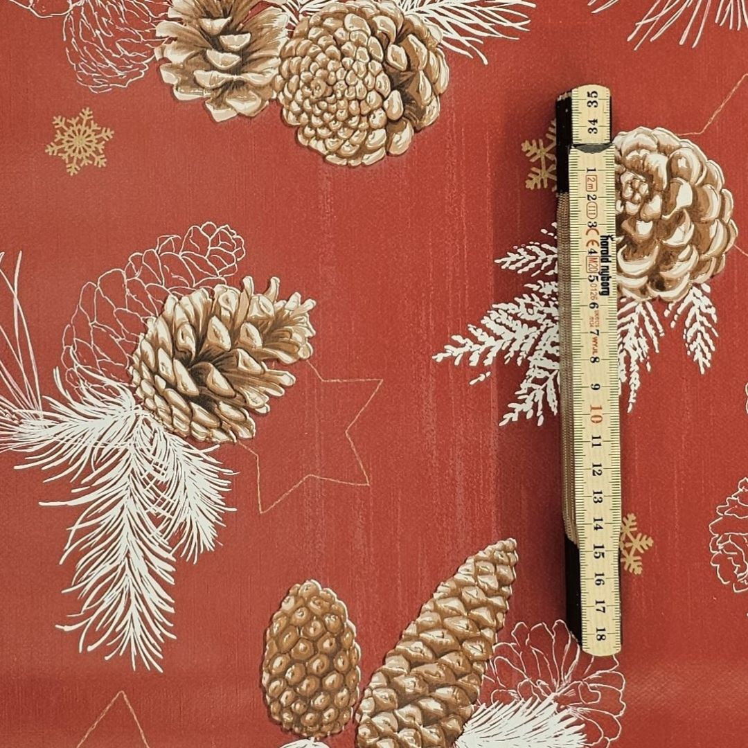 2. SORTERING - Navidad Pinecone - Julevoksdug med skønne kogler, let hørlook, Hel rulle = ca 20 meter