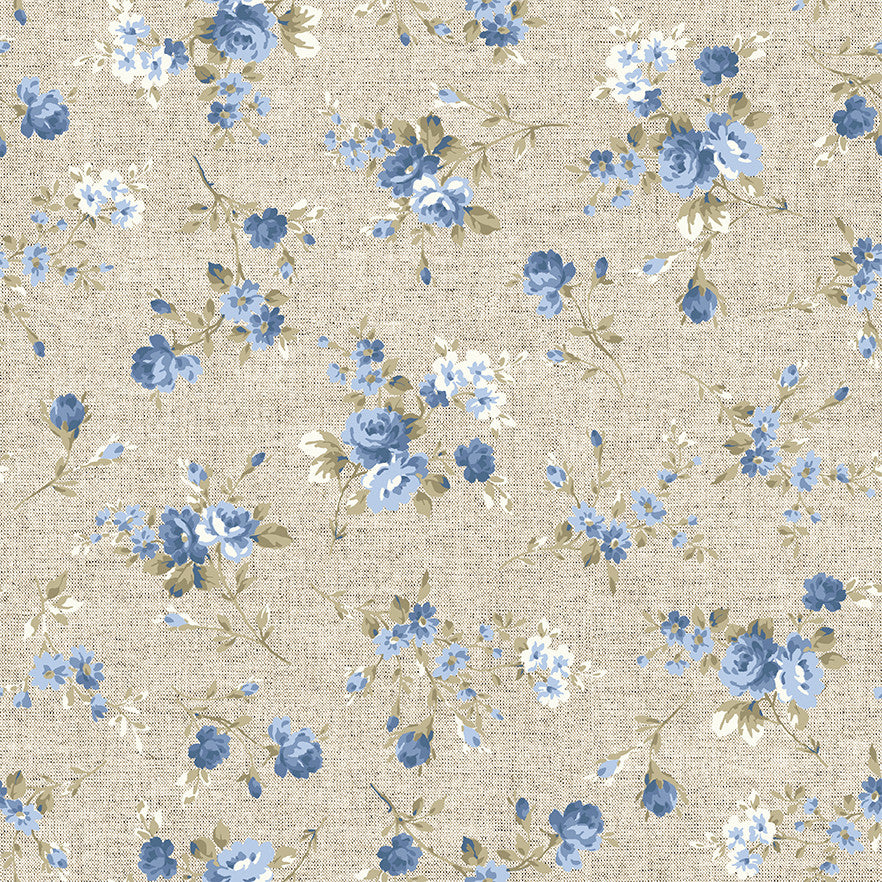 LÆNGDE: 2,3 m - Nicole Azul - Akryldug i hørlook med små dejlige blå blomster