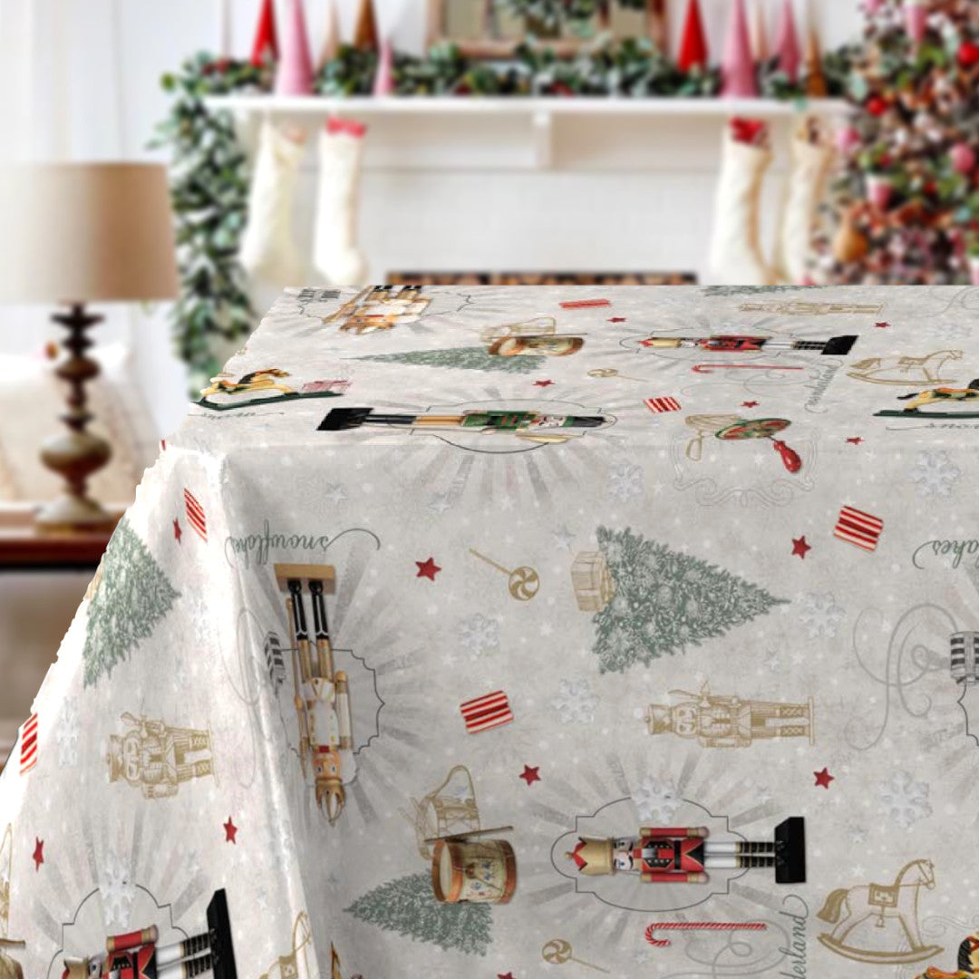 Nøddeknækkeren - Julevoksdug på bord, juletrae, tromme, gyngehest