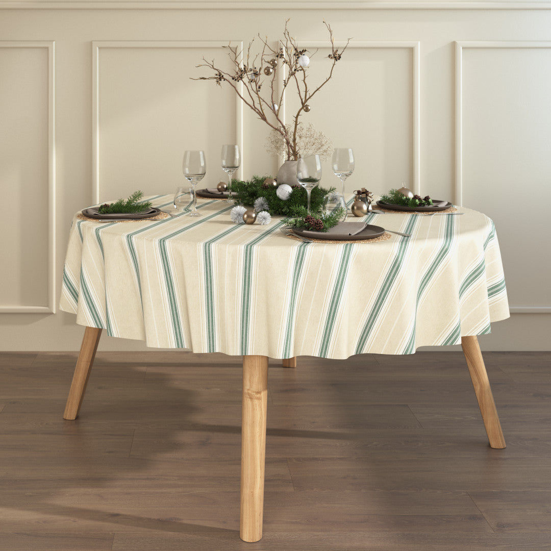 Nordisk Julestribe Grøn - Rund juledug i hørlook med akrylbehandling