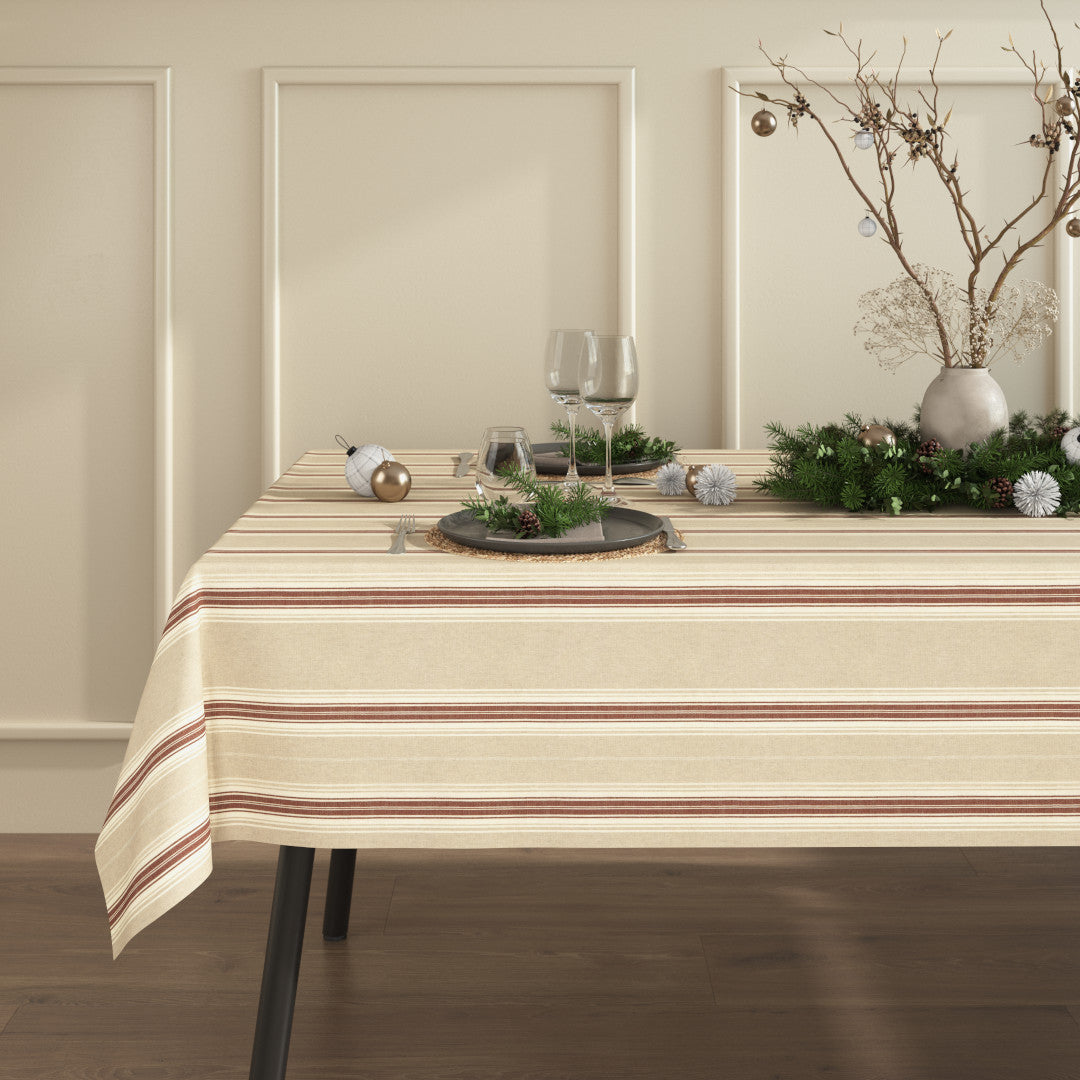 Nordisk Julestribe Rød - Juledug i hørlook med akrylbehandling i miljø