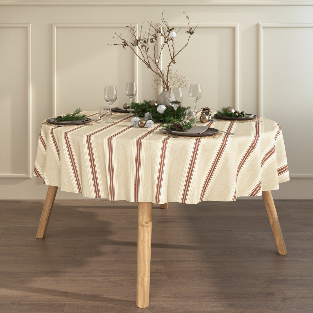 Nordisk Julestribe Rød - Rund juledug i hørlook med akrylbehandling