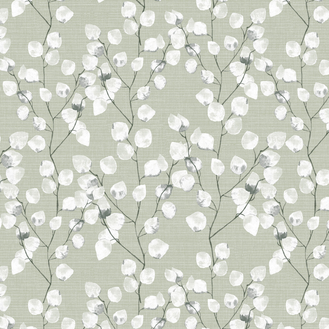 Mønsteret på Nova Green voksdug med elegante grene og hvide blade