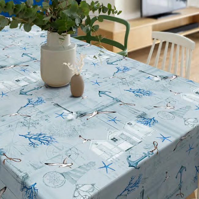 Under Himlen - Over havet - Lys grå/blå voksdug med maritime motiver