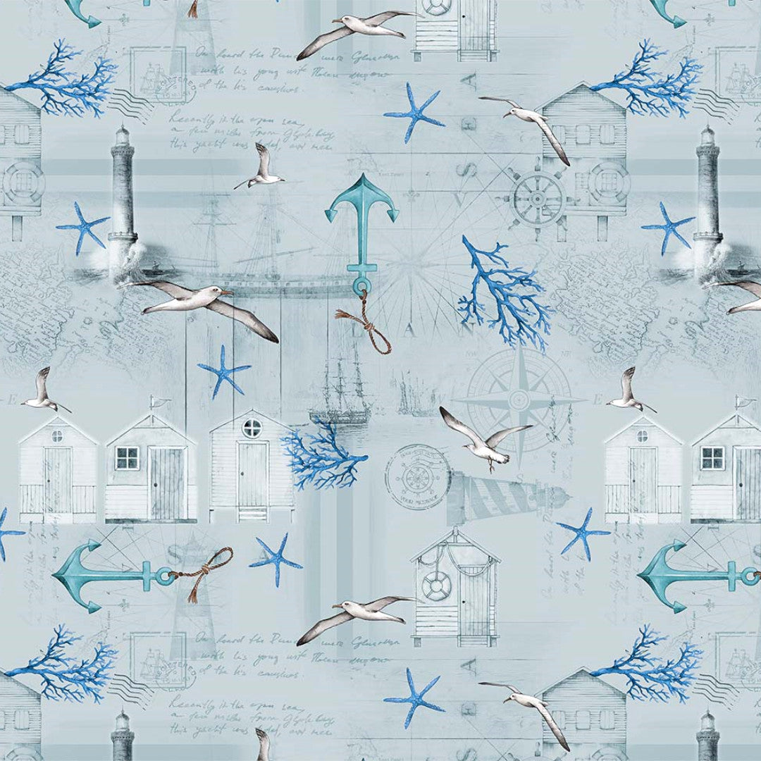 Under Himlen - Over havet - Lys grå/blå voksdug med maritime motiver