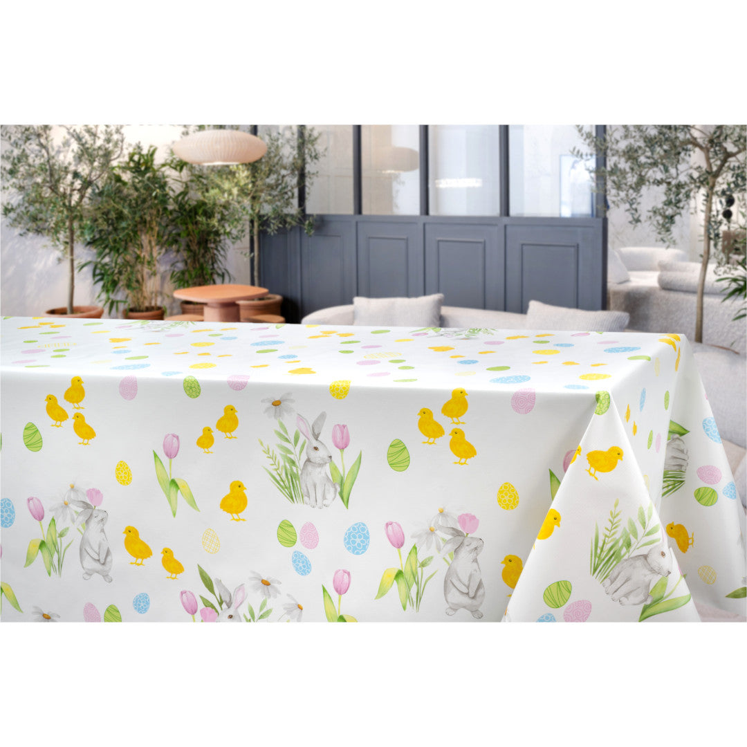 Påskeglæde - voksdug med kyllinger, harer og æg, miljø