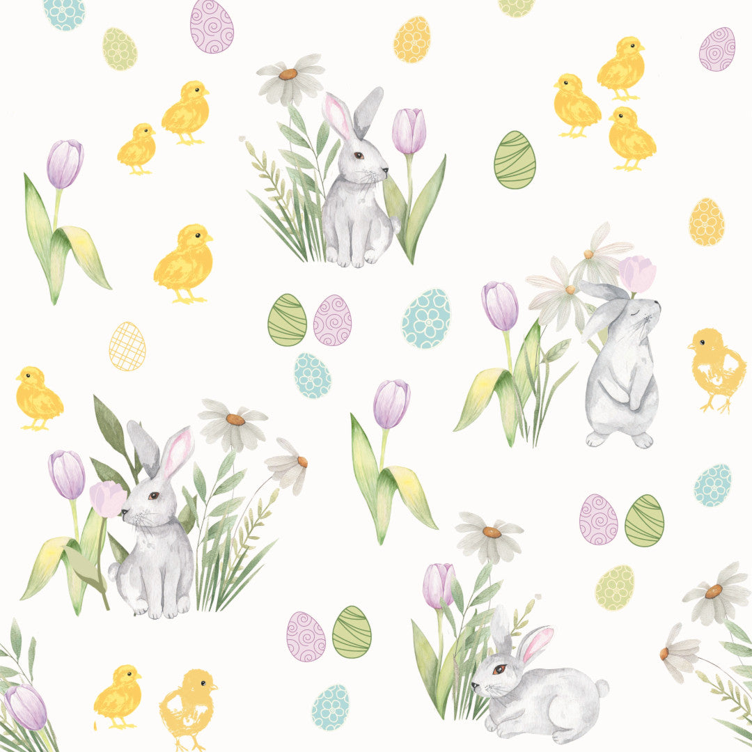 Påskeglæde - voksdug med kyllinger, harer og æg, mønster
