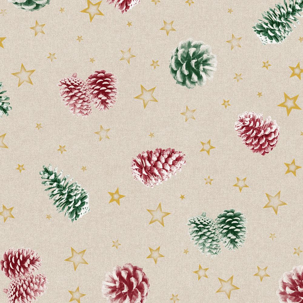 Pinas Rød/Grøn - Juleakryldug med grankogler på naturfarvet bund