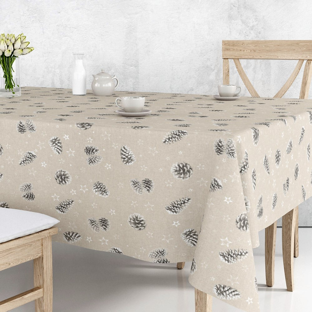 Pinas Grå - Juleakryldug med grankogler på naturfarvet bund