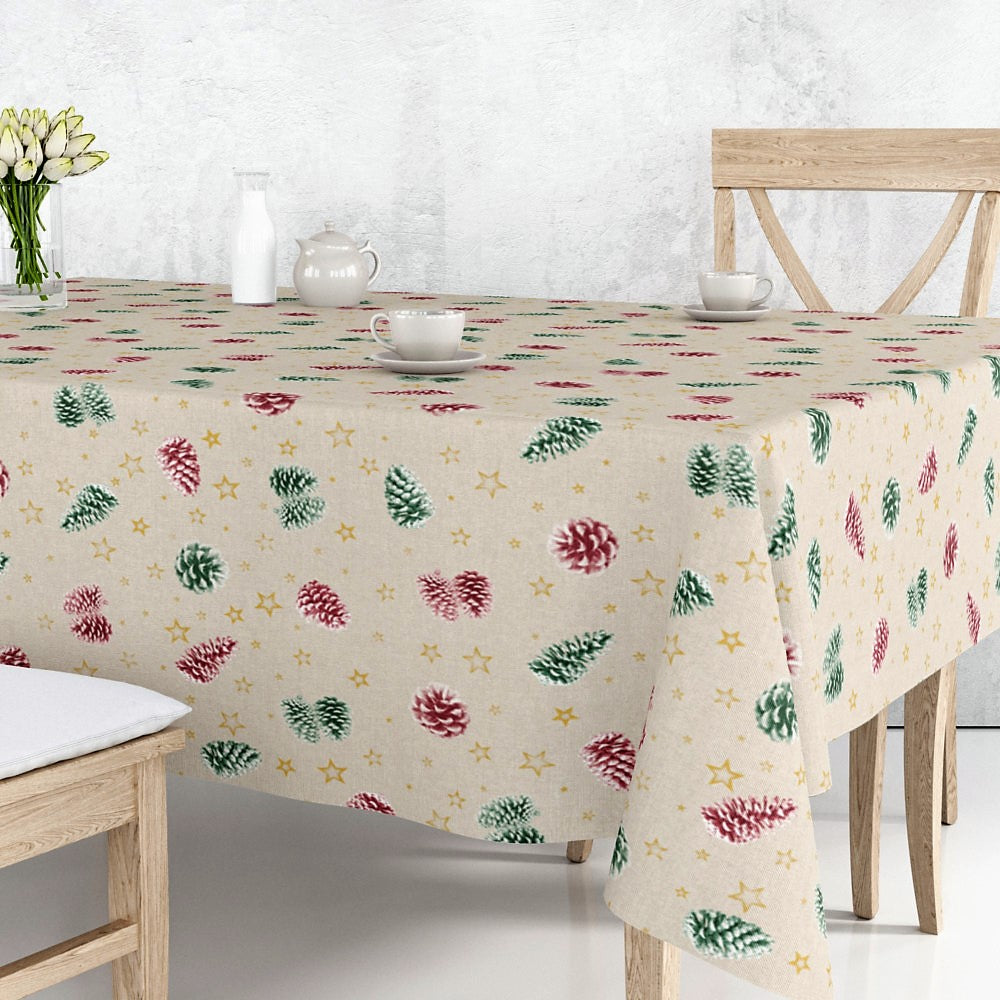 Pinas Rød/Grøn - Juleakryldug med grankogler på naturfarvet bund