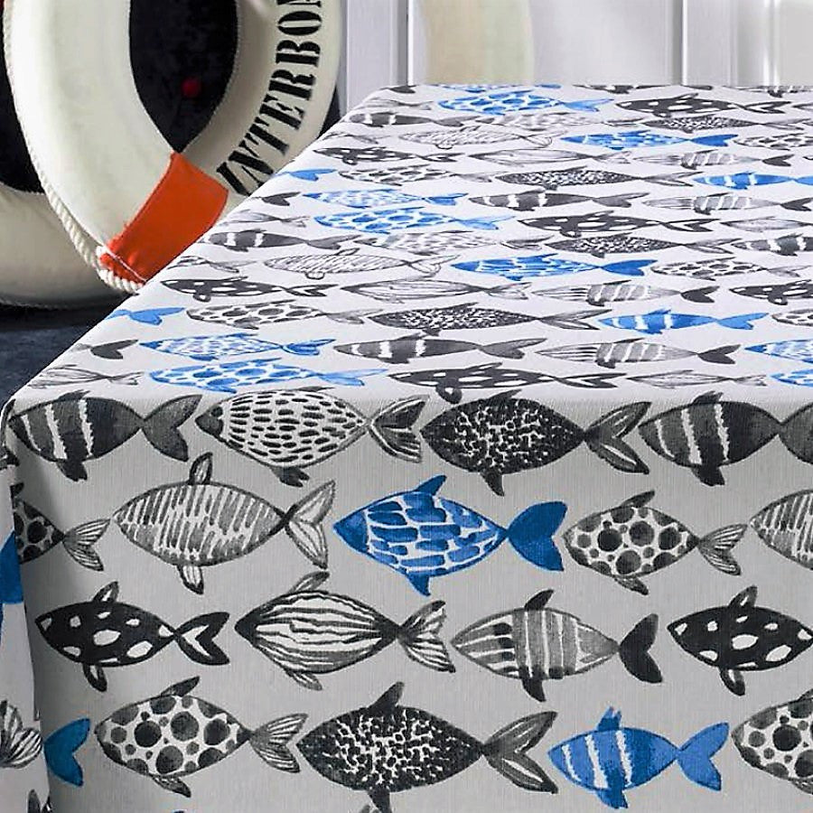 Poussin, akryldug med fisk, 140 cm bred