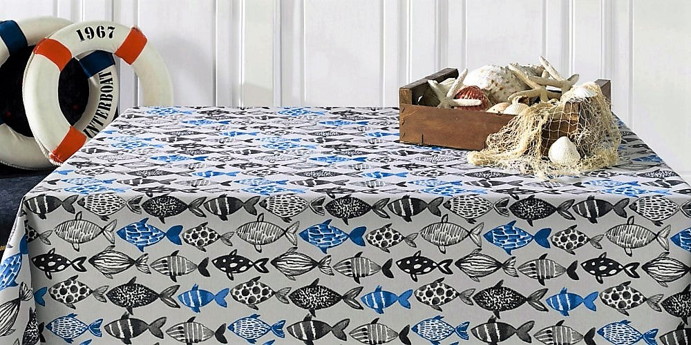 Poussin, akryldug med fisk, 140 cm bred