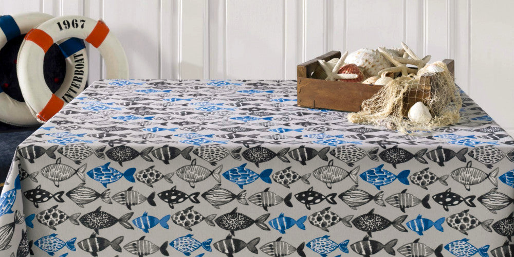 Poussin, tekstildug med fisk, 160 cm bred